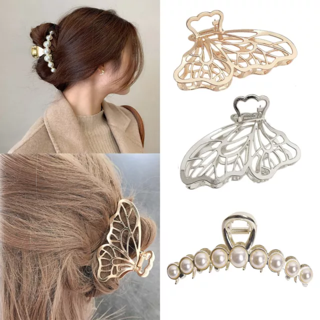 Large Butterfly Geometric Hair Clip Barrette Hair Claw Clamp Pearl Metal Hairpin