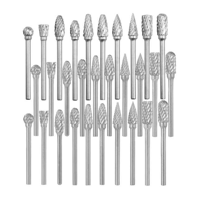 30 Pcs Cut Titanium Carbide Burr Set - 1/8 Inch (3mm) Handle and 1/4 F3A4