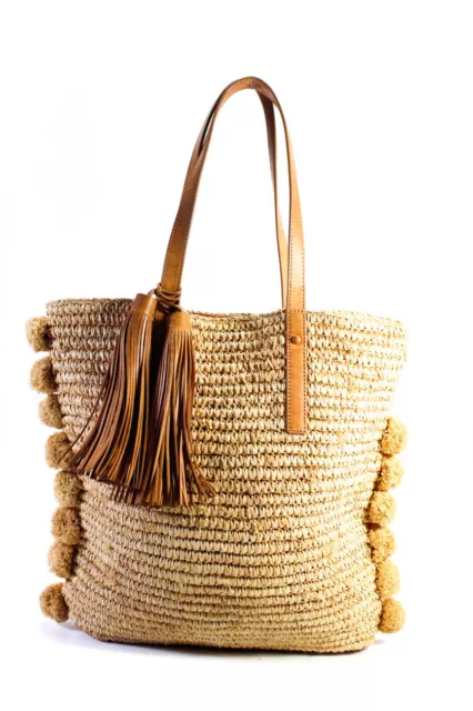 Loeffler Randall Leather Trim Straw Pompom Tassel Tote Bag Beige Size L