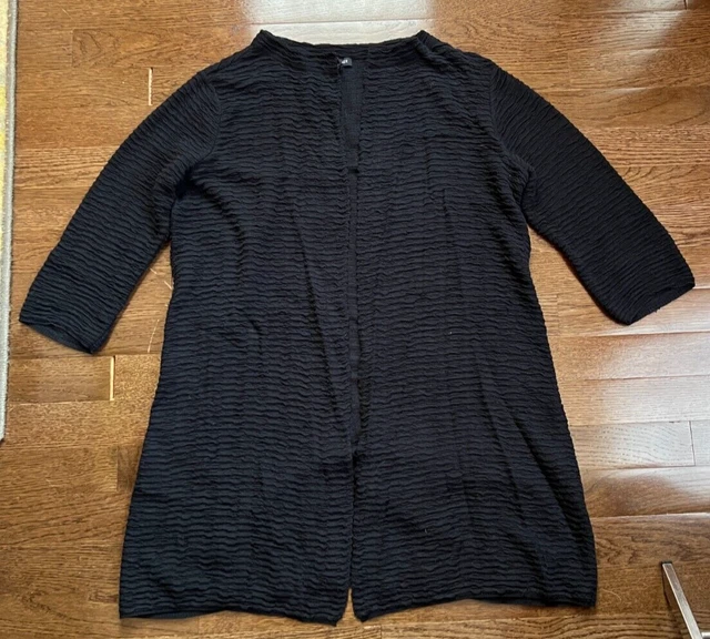 Eileen Fisher women's XS cardigan sweater black wavy knit cotton-linen long EUC