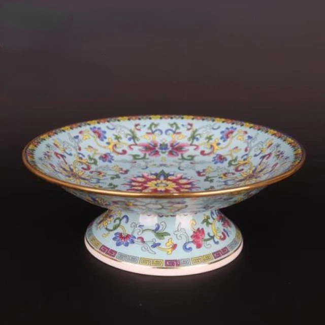 7.56" Chinese Green Famille Rose Porcelain Qing Lotus Design Fruit Plate Gift