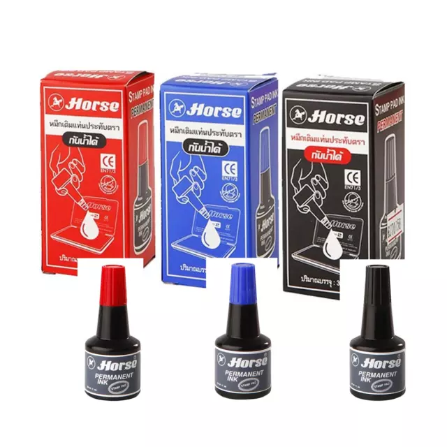 HORSE Refill Ink and Stamp Pad Permanent Ink Set Black, Blue, Red (Choose)  30cc