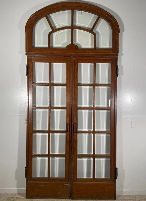 10 Foot Tall French Antique Beveled Glass Door Set with Transom Oak Wood