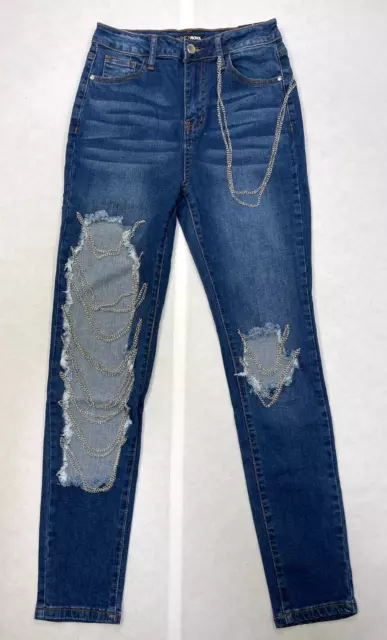 Fashion Nova Womens Juniors Chain The Channel Distressed Skinny Jeans Size 5/28