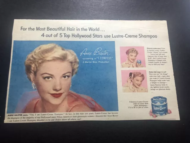 1950’s Anne Baxter “I Confess” Movie Lustre Creme Shampoo Magazine Ad