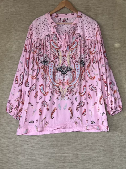 Joe Browns Blouse Women's UK 18 Pink Paisley Print Long Sleeved Top Tie Neck