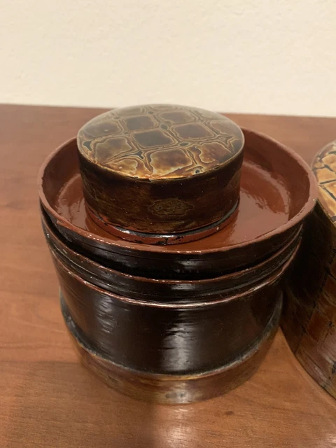 Antique BURMESE Lacquer Round Wood Betel Nut Box Container With Four Compartment 4