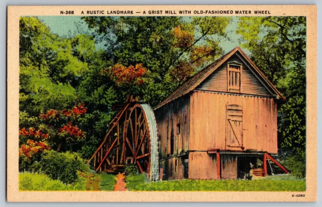 A Rustic Landmark - Grist Mill with Old Fashioned Water Wheel - Vintage Postcard