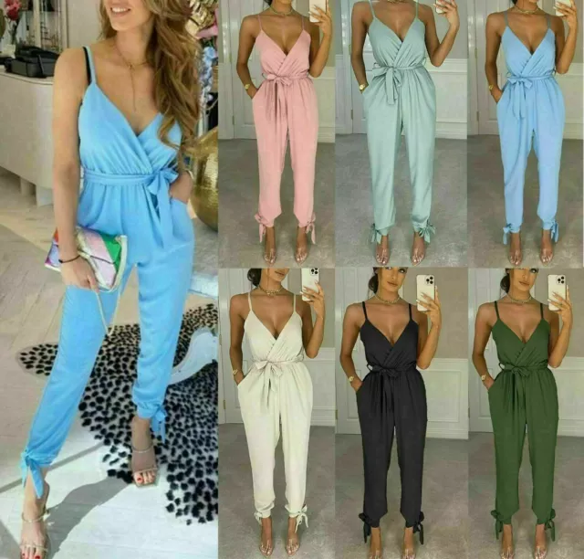 Womens V Neck Wrap Over Ankle Tie Plunge Jumpsuit Ladies Harem Wide Leg Playsuit