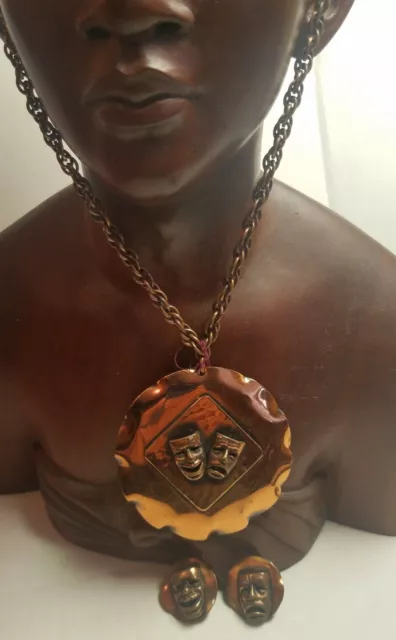 Vtg Comedy & Tragedy 1950'S 1960'S Copper Parure Set Necklace Ring Earrings Vtg Comedy & Tragedy 1950'S 1960'S Copper Parure Set Necklace Ring Earrings