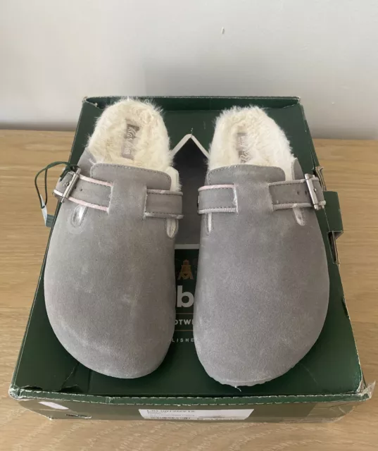 Barbour Nellie Grey Suede Mule Slippers - Faux Fur Lined UK 7 New Box Damaged