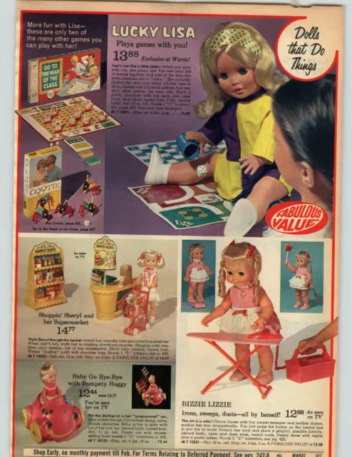 1971 PAPER AD Doll Mattel Tippee Toes Ideal Thumbelina Bizzie Lizzie Sheryl Cart