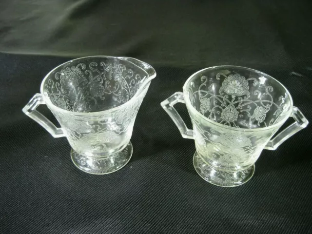Vintage Etched Pressed Floral Clear Glass Footed Open Sugar Bowl & Creamer Set