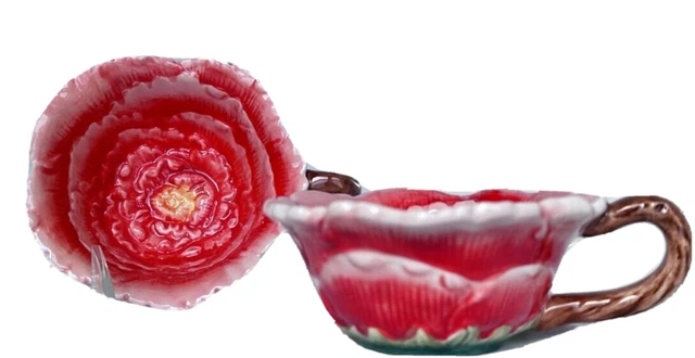 Teacup, Flower Shaped Peony Hand Painted Shades of Red & Yellow w/Twig Handle