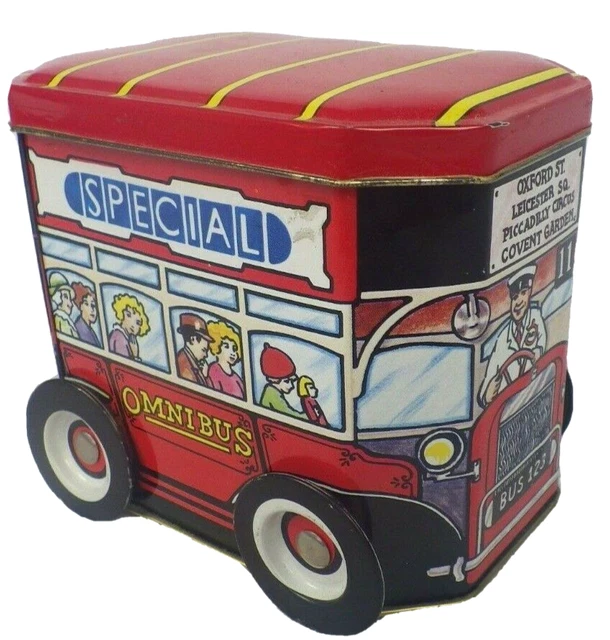 VTG TEA TIN London Double Decker Bus Rolling Container Oxford