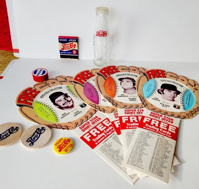 Lot of 11 Vintage, Pepsi Cola items, Shaker, Matches, Sharpener, Badge, Cards