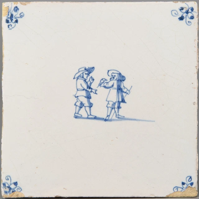 Nice Dutch Delft Blue tile, child play: children with bird, late 17th ct