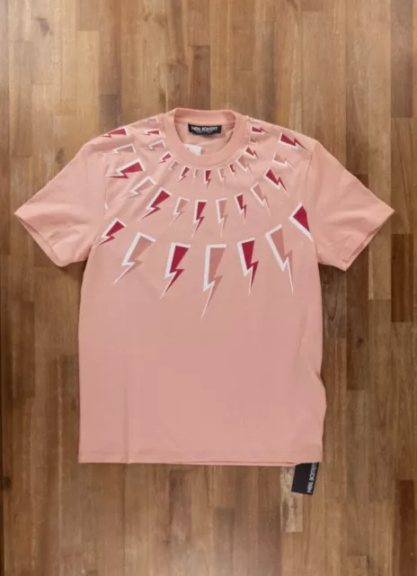 NEIL BARRETT slim fit pink Fair Isle comic thunderbolt print t-shirt Medium NWT