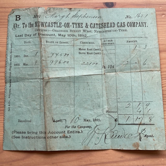 1892 Billhead - Newcastle & Gateshead Gas Company