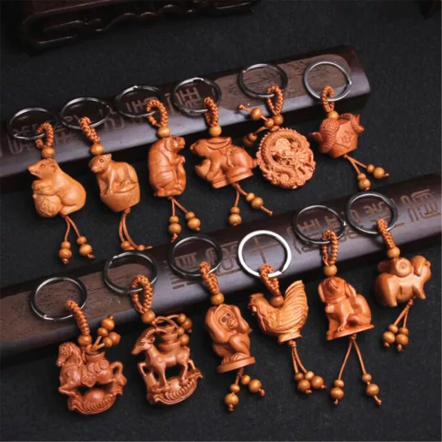 3D Peach Wood Carving Twelve Chinese Zodiac Animal Statue Key Chain Pendant