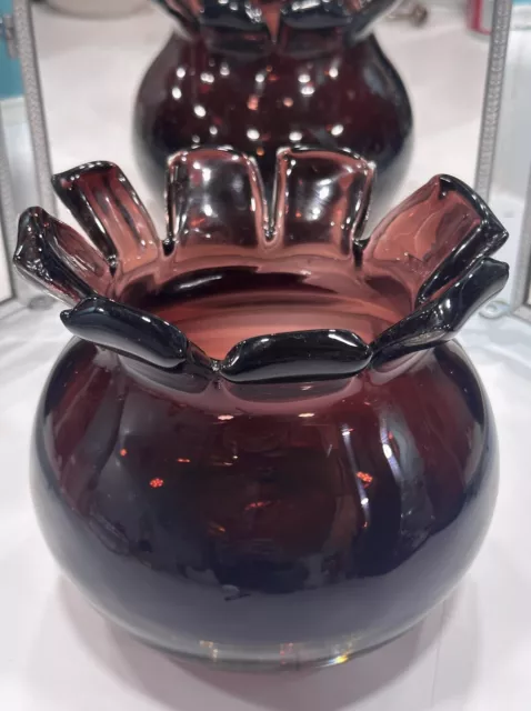 Murano Art Glass VTG MCM Barovier & Toso Amethyst Ball Vase W/ Crenelated Rim
