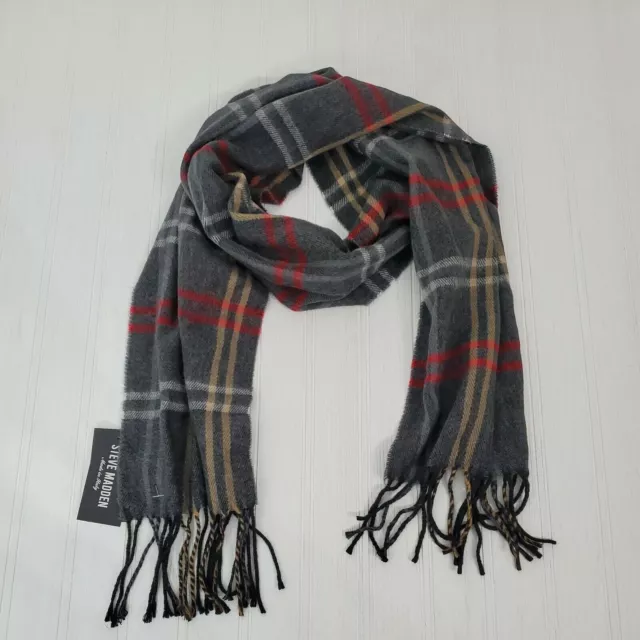 Steve Madden Womens Scarf Gray Tan Plaid Muffler Fringe Red White 70" Made Italy