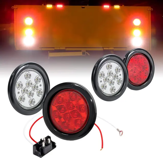 2 Red + 2 White 4″ round LED Trailer Tail Light Kit [DOT Certified] [Grommets...