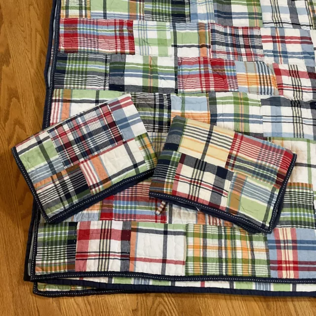 Pottery Barn Kids FULL QUEEN Quilt Madras Plaid Patchwork & 2 Pillow Shams Set