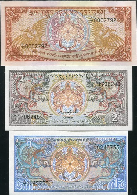 Bhutan Set 3 Pcs 1 2 5 Ngultrum ND 1985 P 12 13 14 UNC