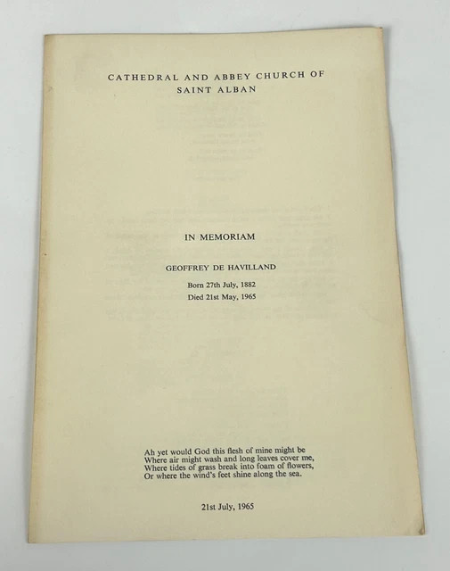 Geoffrey de Havilland- Vintage 1965 Funeral Order of Service Programme- RARE
