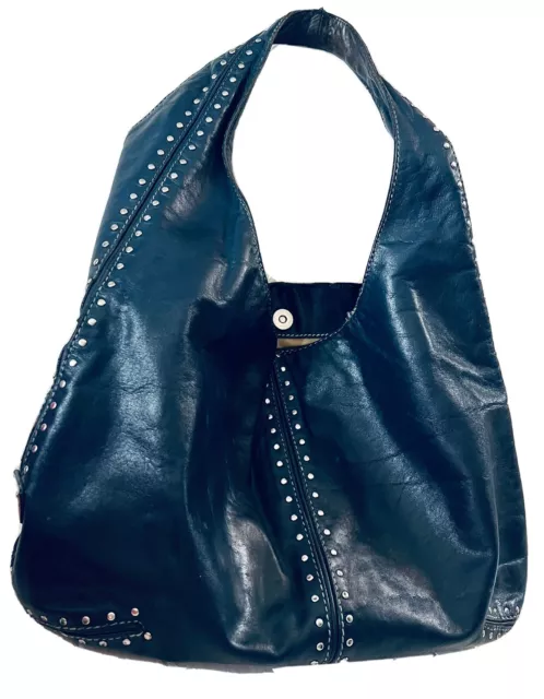 Michael Kors Astor Shoulder Hobo Satchel Tote Handbag Blue Leather Studs