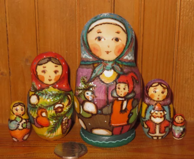 Winter Matryoshka & Children Christmas Nesting dolls 5 HAND PAINTED RYABOVA ART