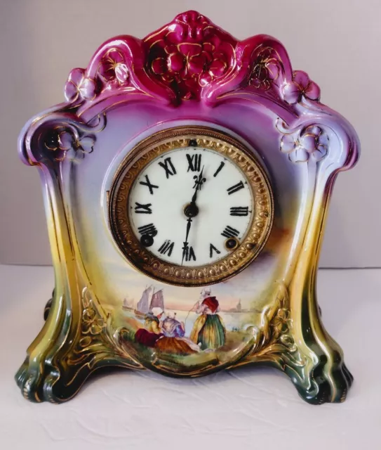 Antique ANSONIA "La Cette" Royal Bonn Germany Victorian Porcelain Mantel Clock