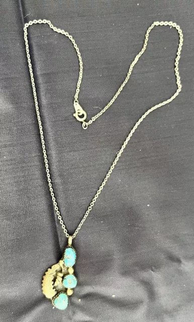 Vintage Turquoise And Silver Pendant With Chain Handmade By L.C. Mexico