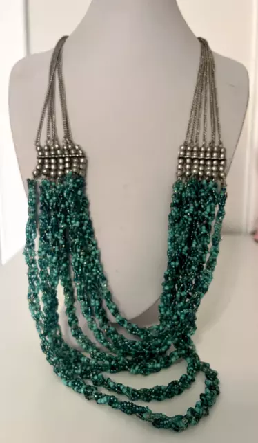 Gorgeous Silver Tone Multi Strand Turquoise Seed Bead Necklace