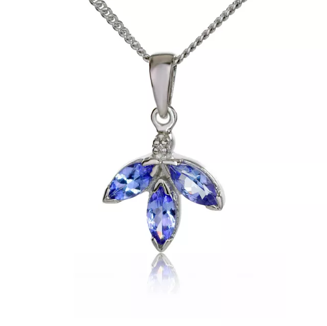 Natural Tanzanite Pendant Sterling Silver Blue Gemstone Diamond Trilogy Handmade