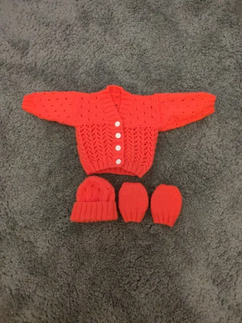 Brand New Hand Knitted Neon Orange Baby Cardigan, Hat & Mittens Set. 0-3 Months