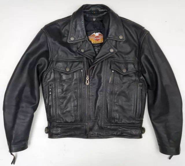 Harley Davidson Black Leather Trucker Biker Moto Jacket Full Zip Liner Men's S