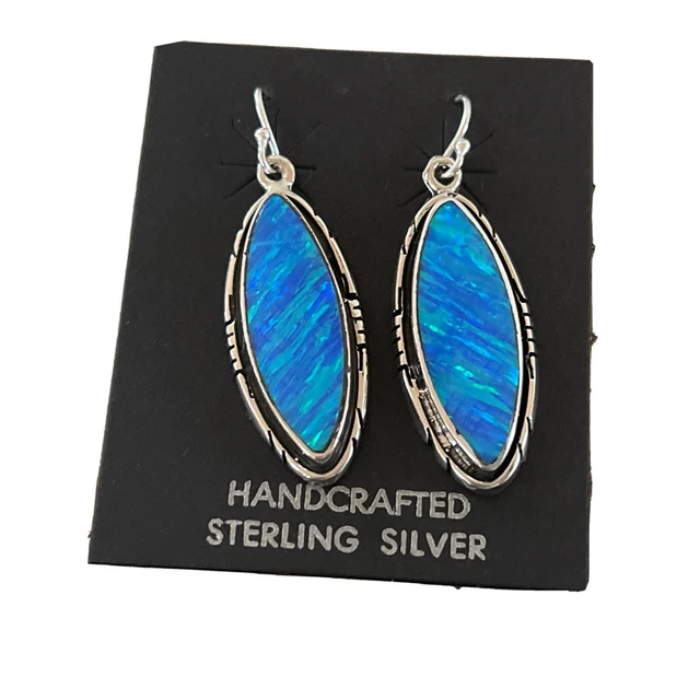Navajo Indian Sterling Silver Blue Opal Inlay Earrings 01348