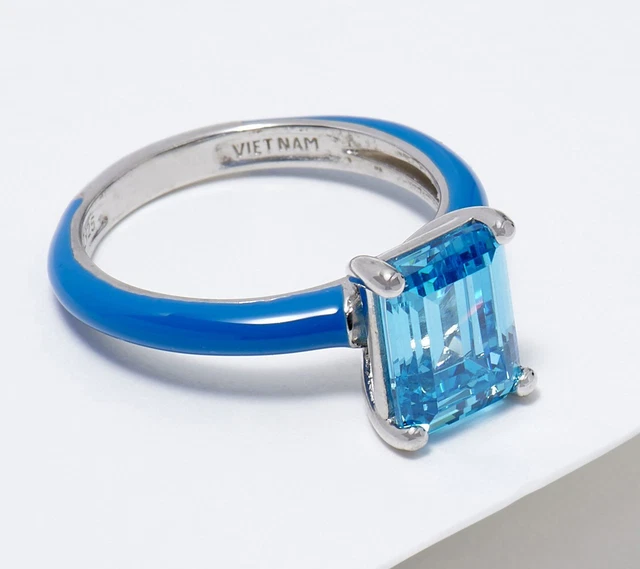 Diamonique Cubic Zirconia Blue Emerald Cut Enamel Ring Size 9 Sterling Silver Diamonique Cubic Zirconia Blue Emerald Cut Enamel Ring Size 9 Sterling Silver