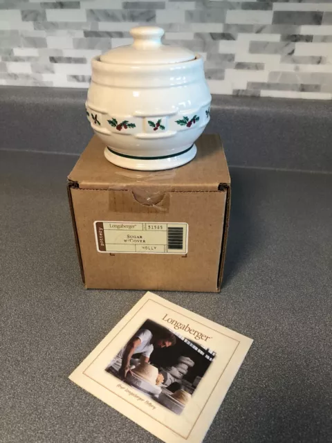 Longaberger Christmas Pottery Woven Traditions HOLLY Covered Sugar Bowl NOS31585