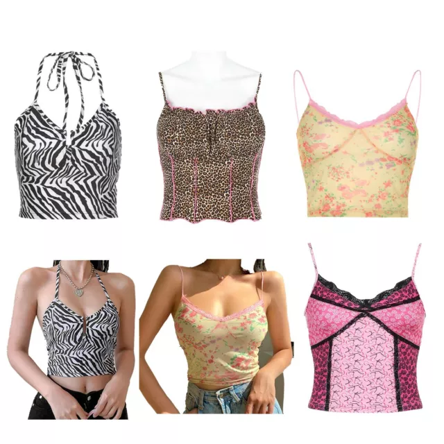 Women Lace Trimming V Neck Crop Top Ribbed Summer Camisole Spaghetti Strap  Vest