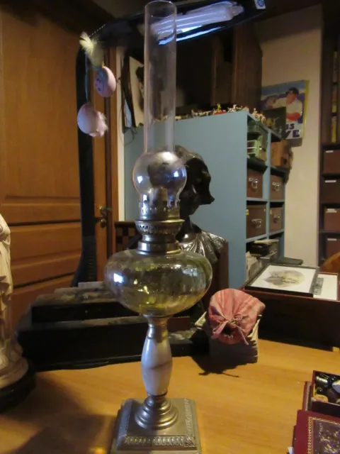 Ancienne  belle Lampe à Pétrole réservoir à facettes pied marbre  XIX° TBE 60cm