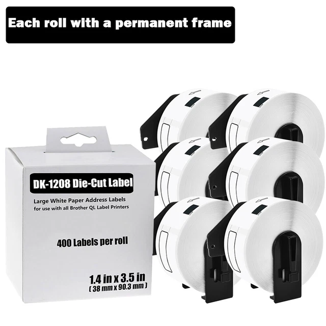 6 Roll White Address Labels DK1208 Fits For Brother DK-1208 QL-1050N W/6 Frame