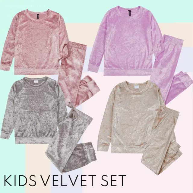 Girls Velour Tracksuit Crushed Velvet Set Grey Pink Lounge 2 Pieces Set Outfit