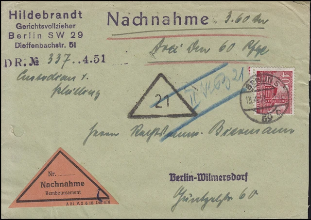 52 Berliner Bauten 40 Pf. EF Orts-Nachnahme-Bf Gerichtsvollzieher BERLIN 13.4.51