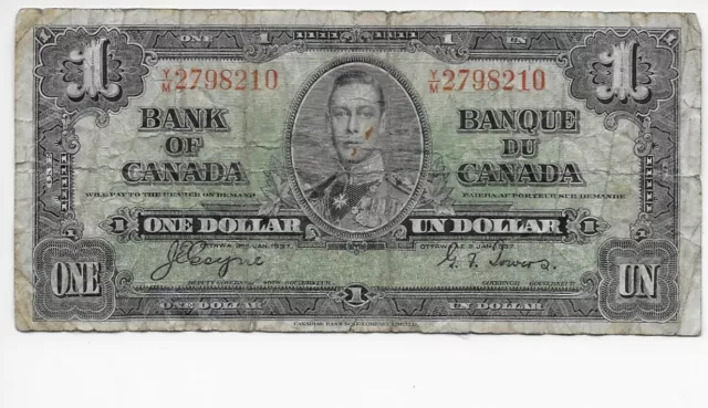 1937  $1  Canada Bank of Canada Note  Coyne / Towers Signatures  NICE