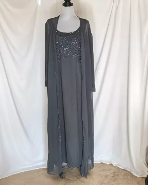 J Lazmi 2 pc w outside sheered maxi jacket sequence gray party formal dress 2x 3