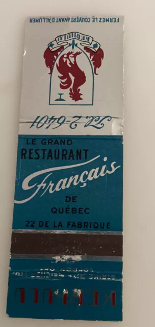 Strike Rite Matchbook Cover Le Grand Restaurant Francais Quebec Vintage Canada