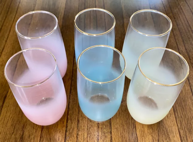 Set Of 6 Frosted Drinking Glasses Pink Blue Yellow W/ Gold Rim